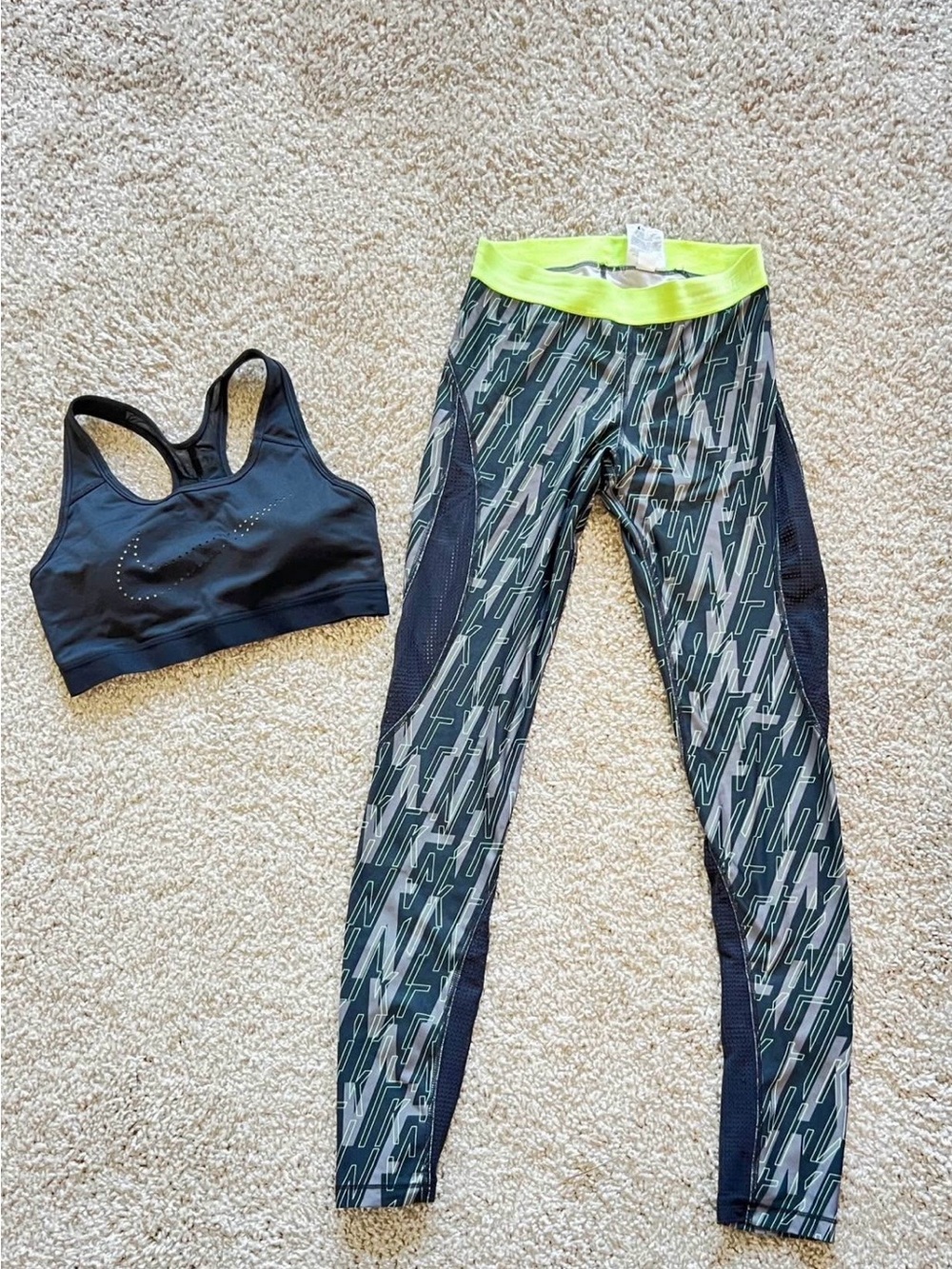 Nike Black and Neon Yellow Pro Hypercool Graphic Athletic Bra and Leggings
